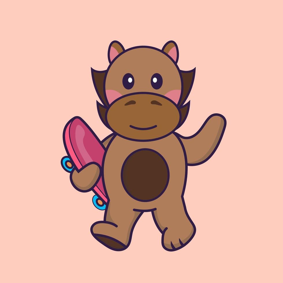 Cute horse holding a skateboard. vector