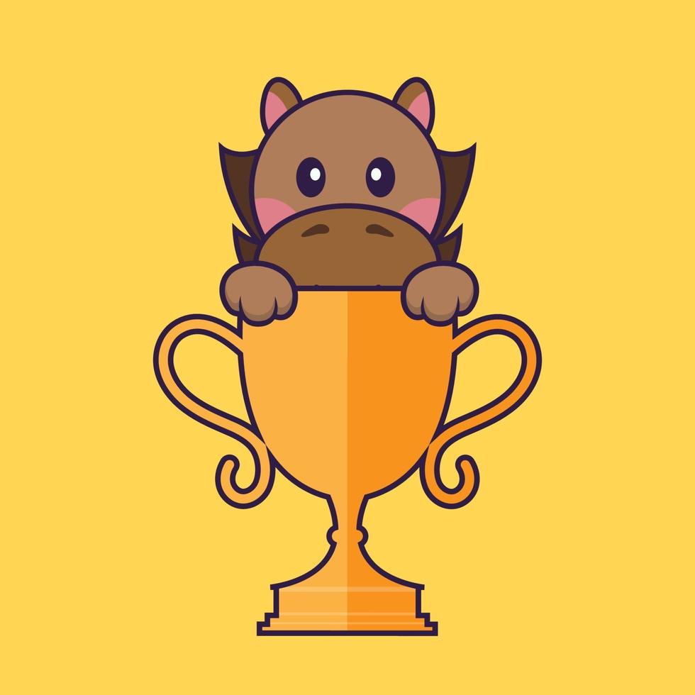Cute horse with gold trophy. vector