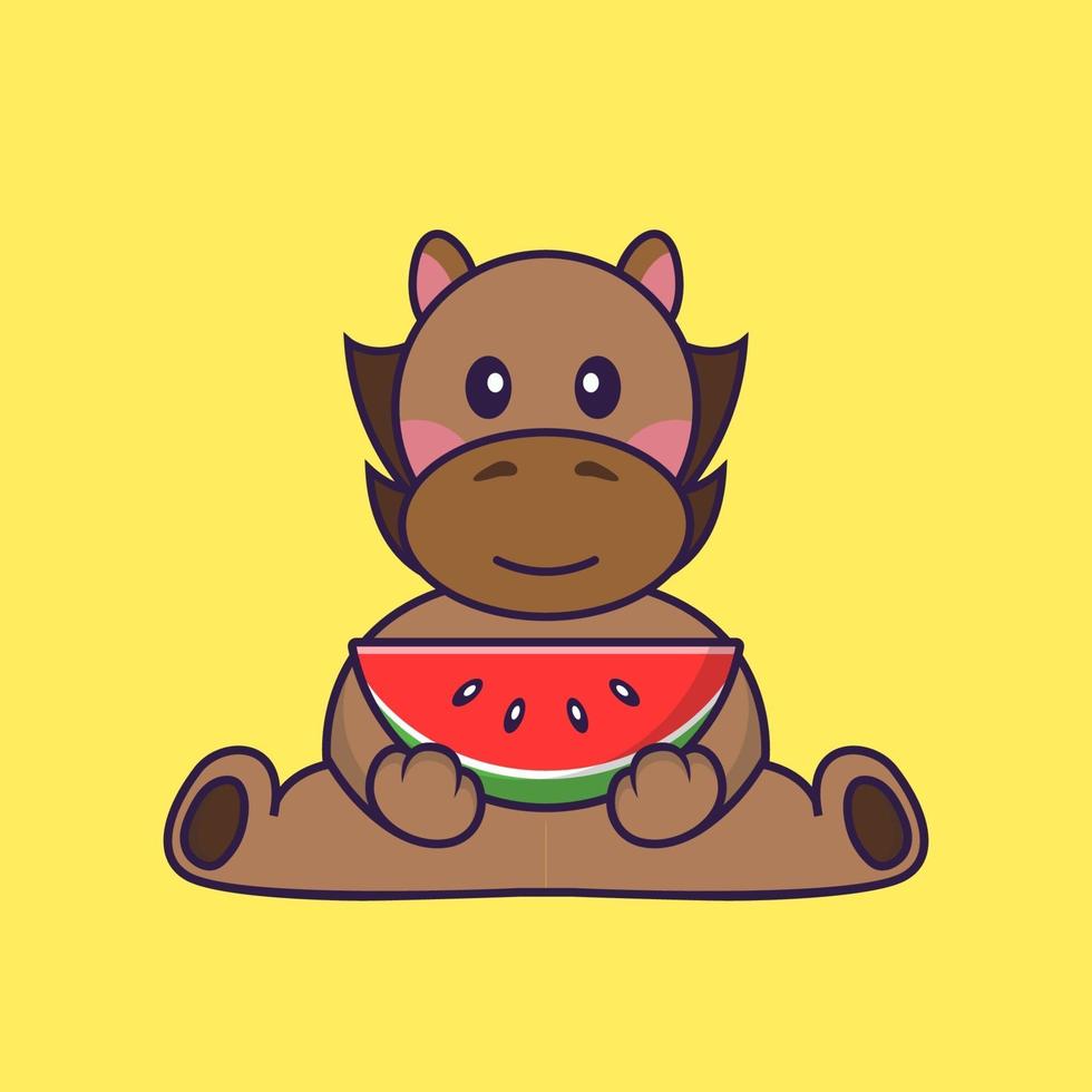 Cute horse eating watermelon. vector