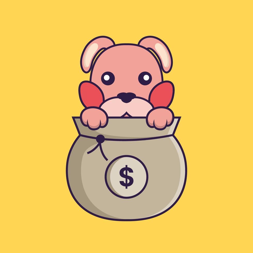 Cute rabbit playing in money bag. vector