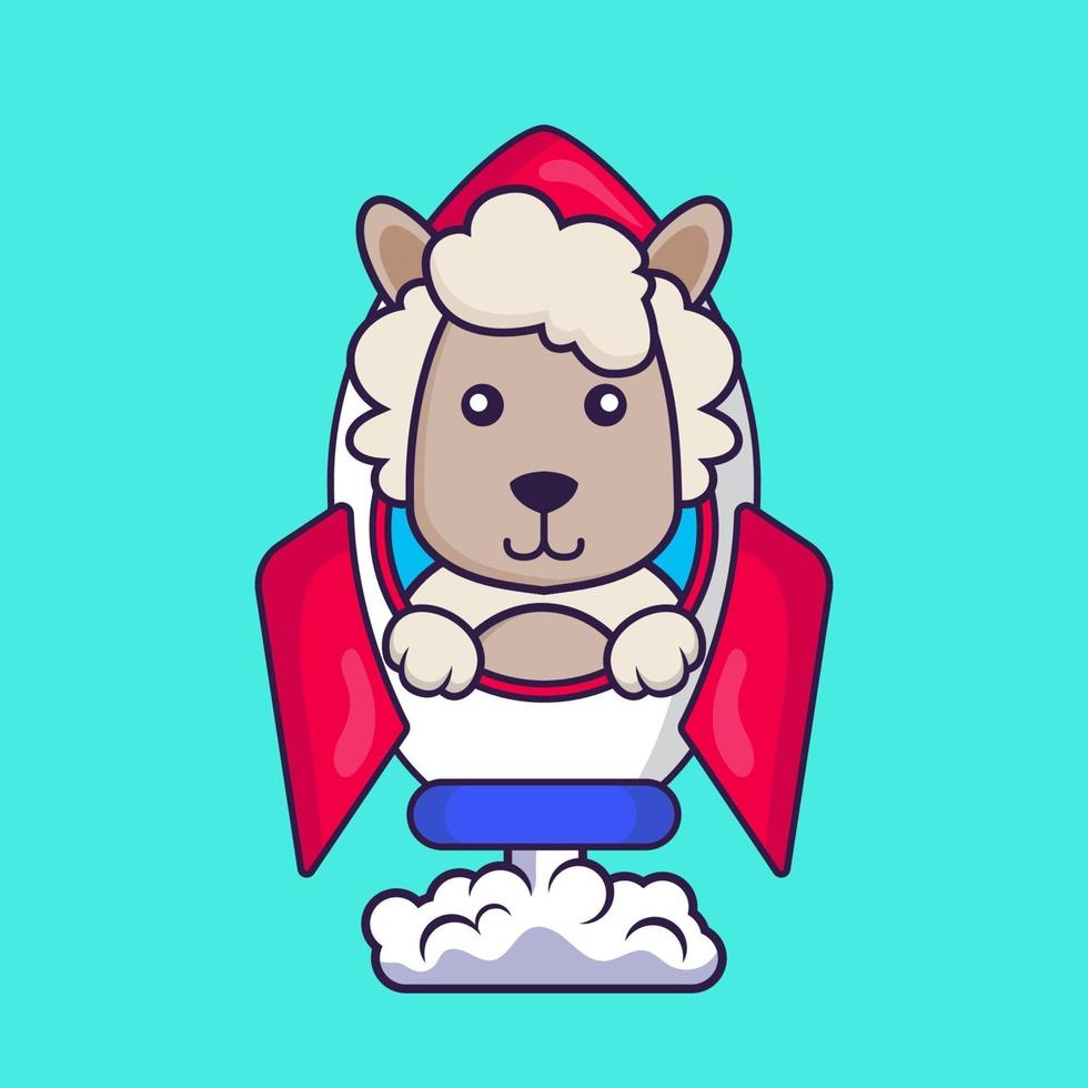 Cute sheep flying on rocket. vector