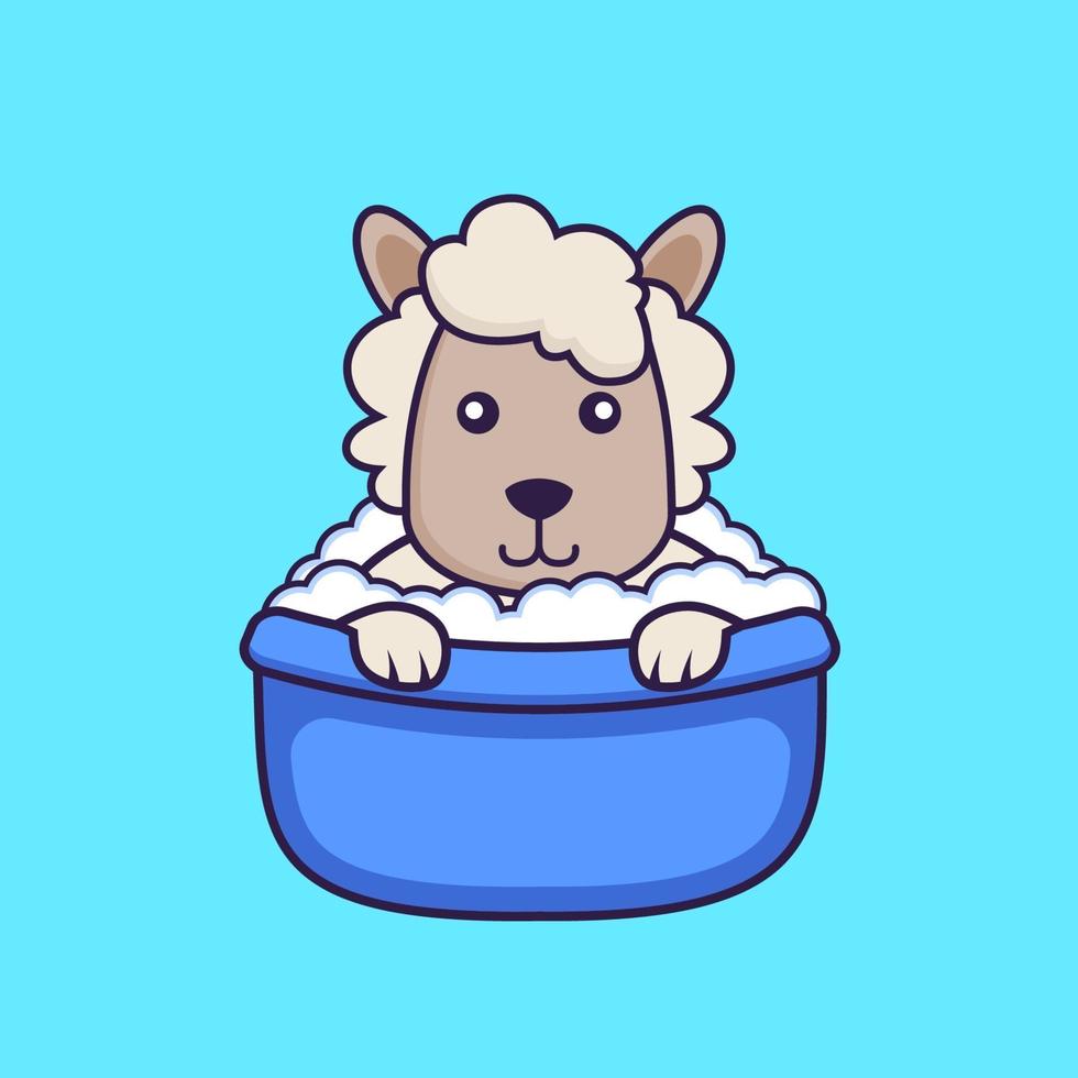 Cute sheep taking a bath in the bathtub. vector
