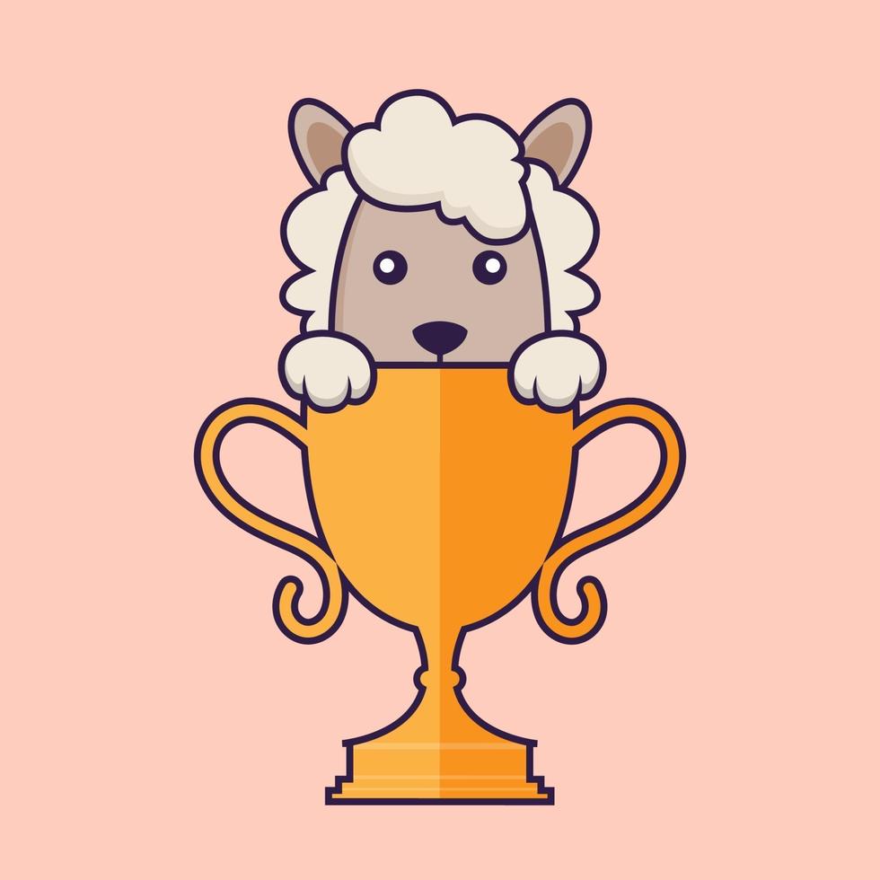 Cute sheep with gold trophy. vector