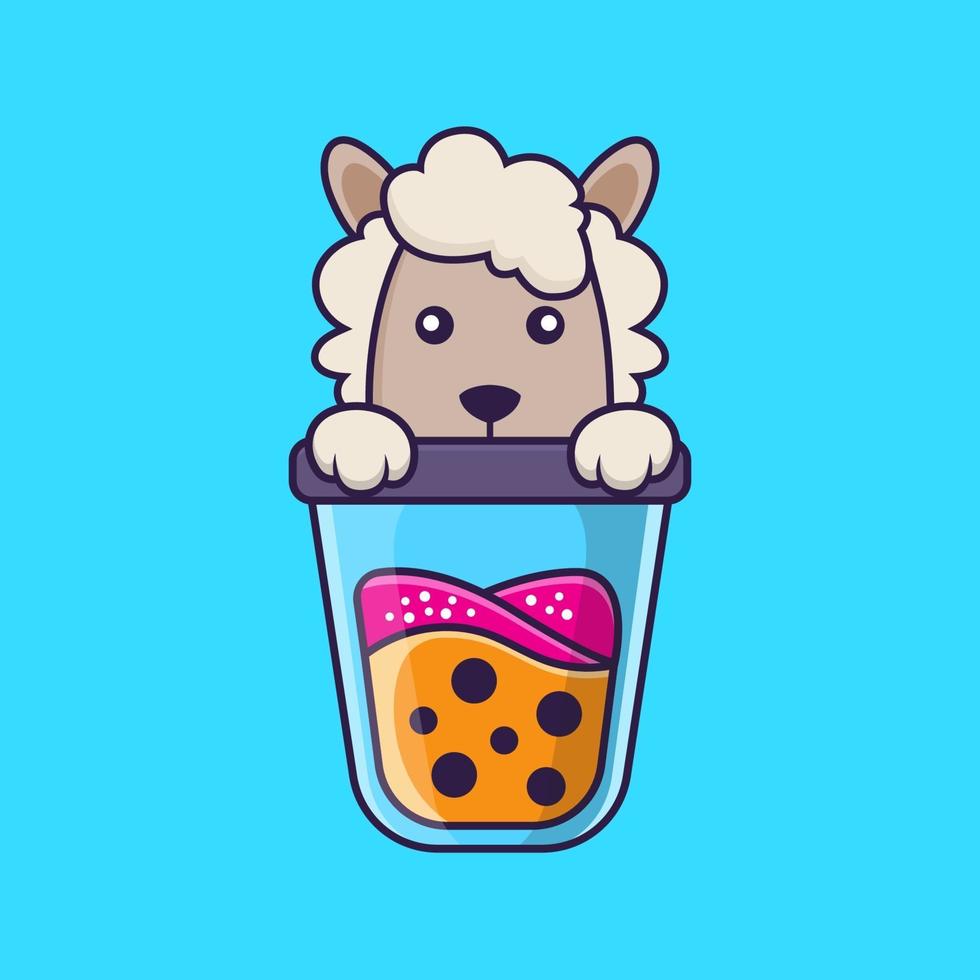 Cute sheep Drinking Boba milk tea. vector