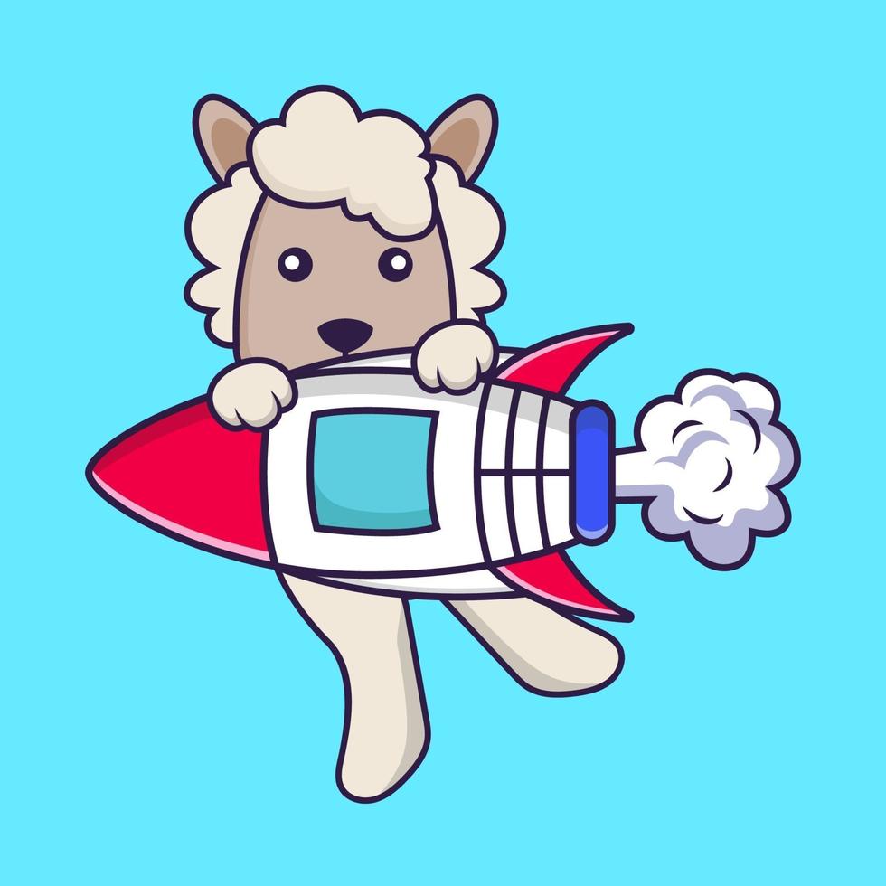 Cute sheep flying on rocket. vector