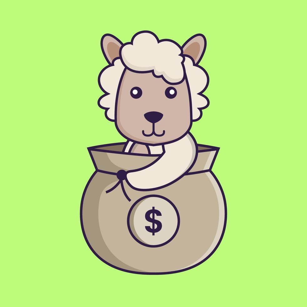 Cute sheep in a money bag. vector