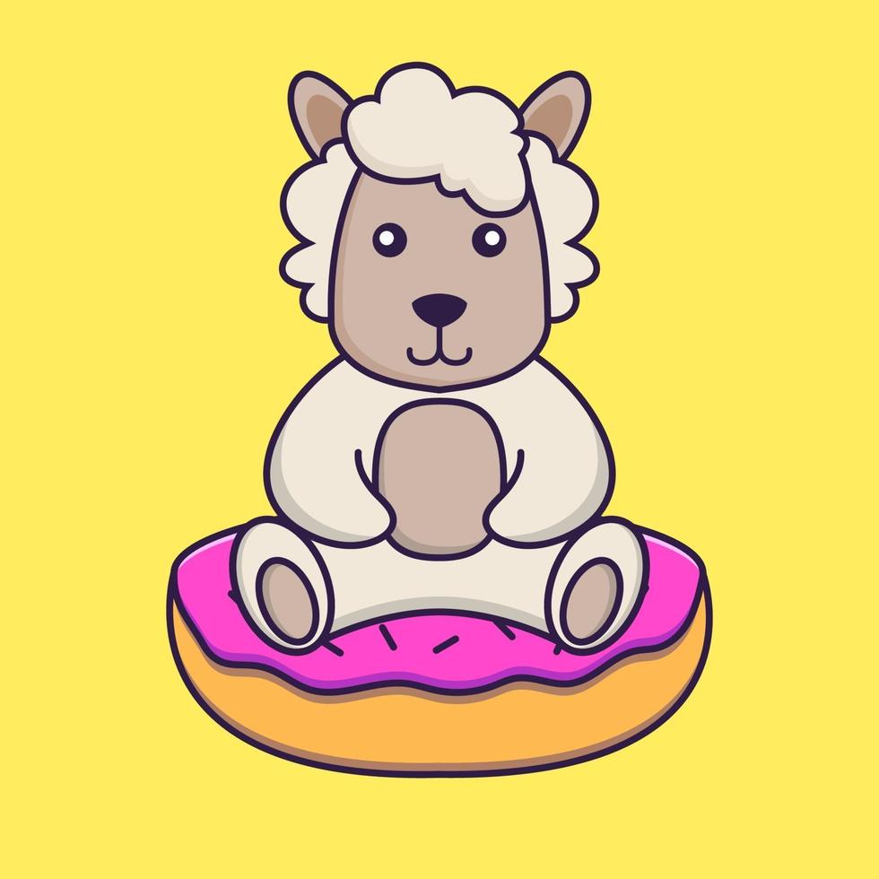 Cute sheep is sitting on donuts. vector