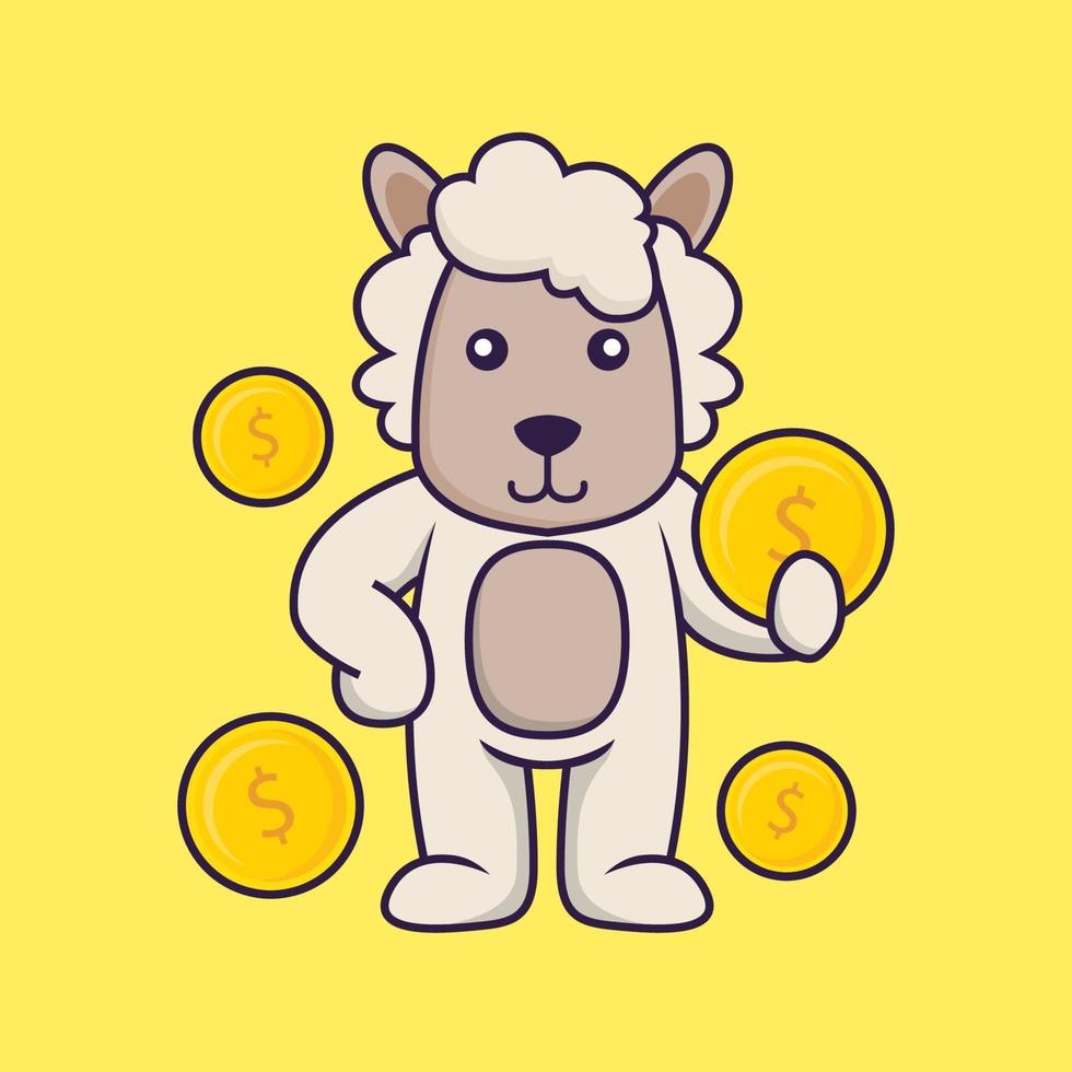 Cute sheep holding coin. vector