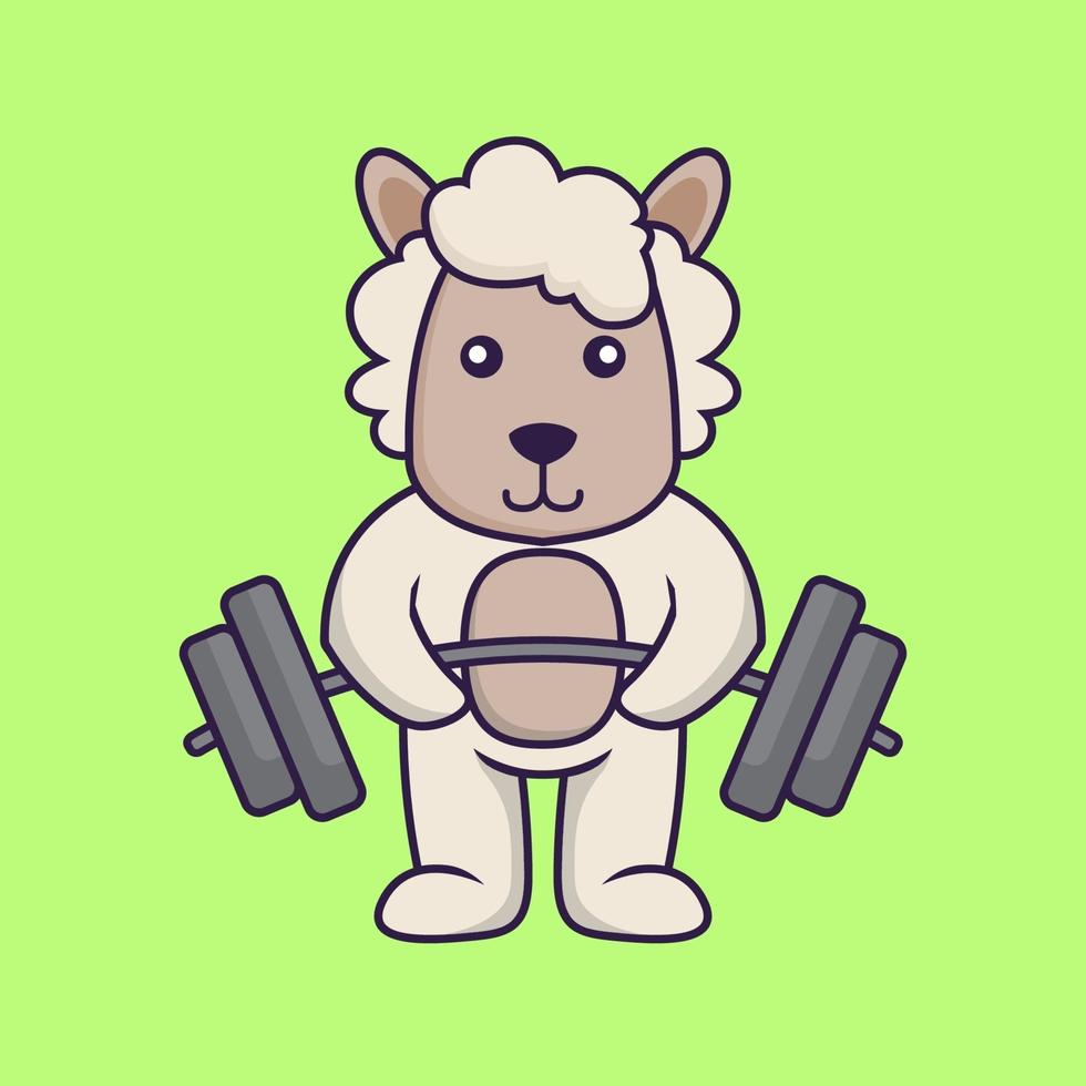 Cute sheep lifts the barbell. vector