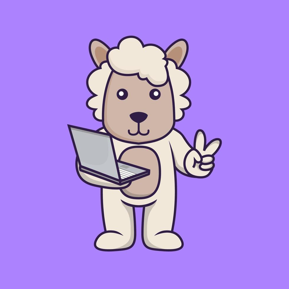 Cute sheep holding laptop. vector