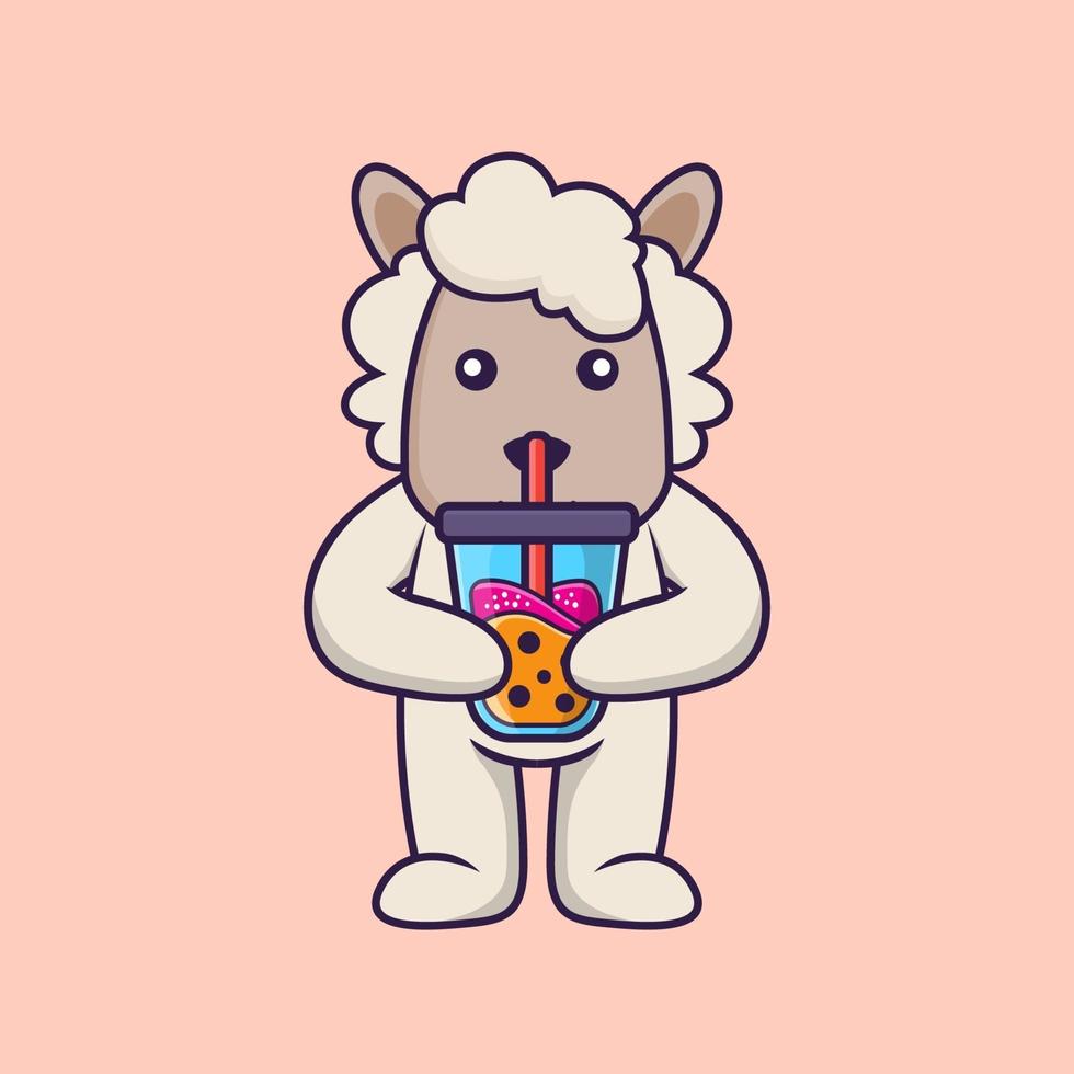 Cute sheep Drinking Boba milk tea. vector