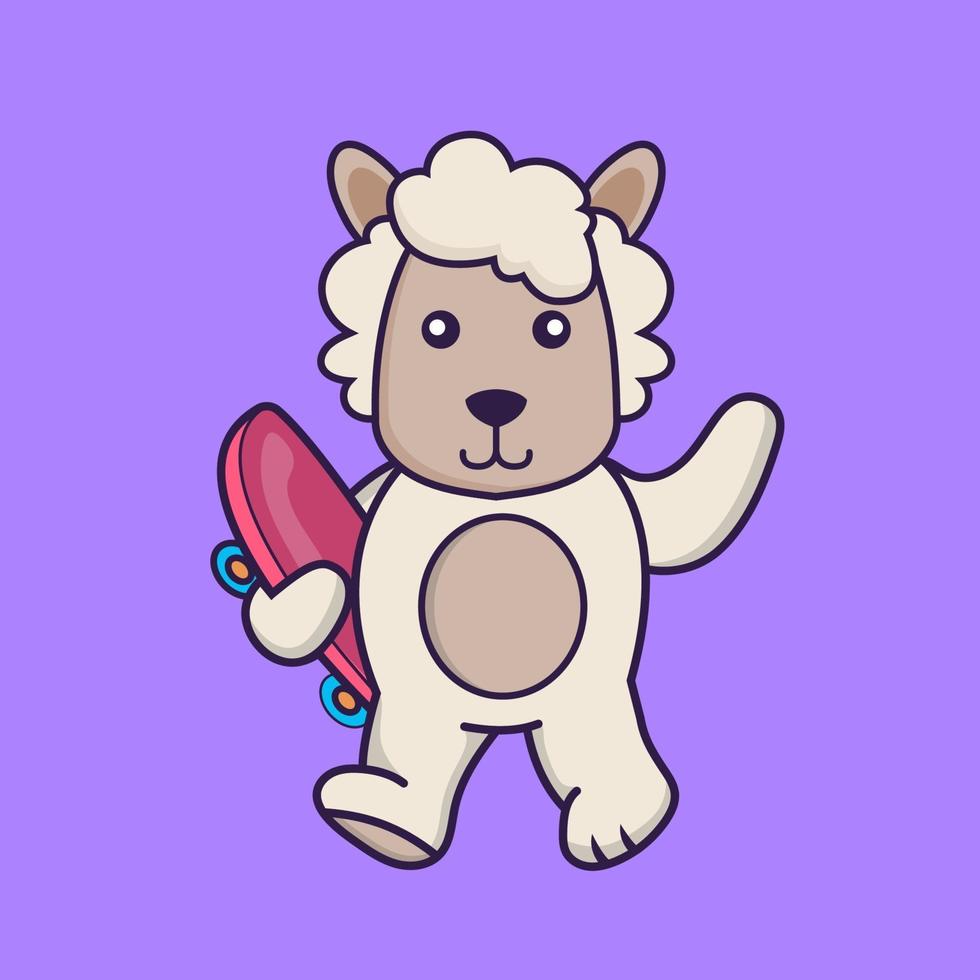 Cute sheep holding a skateboard. vector