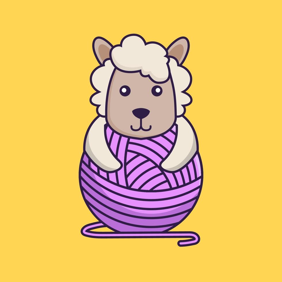 Cute sheep playing with wool yarn. vector