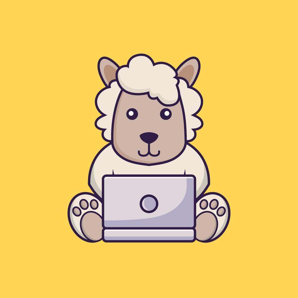 Cute sheep using laptop. vector