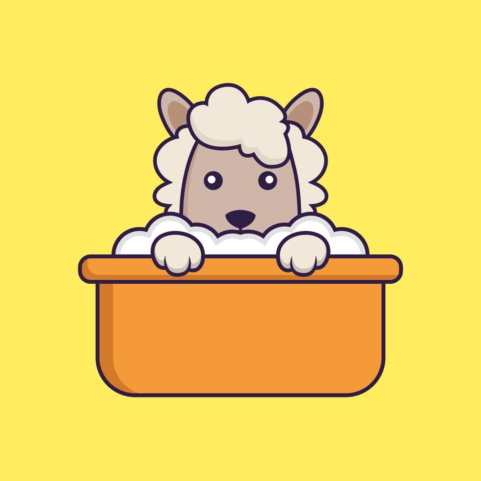 Cute sheep taking a bath in the bathtub. vector