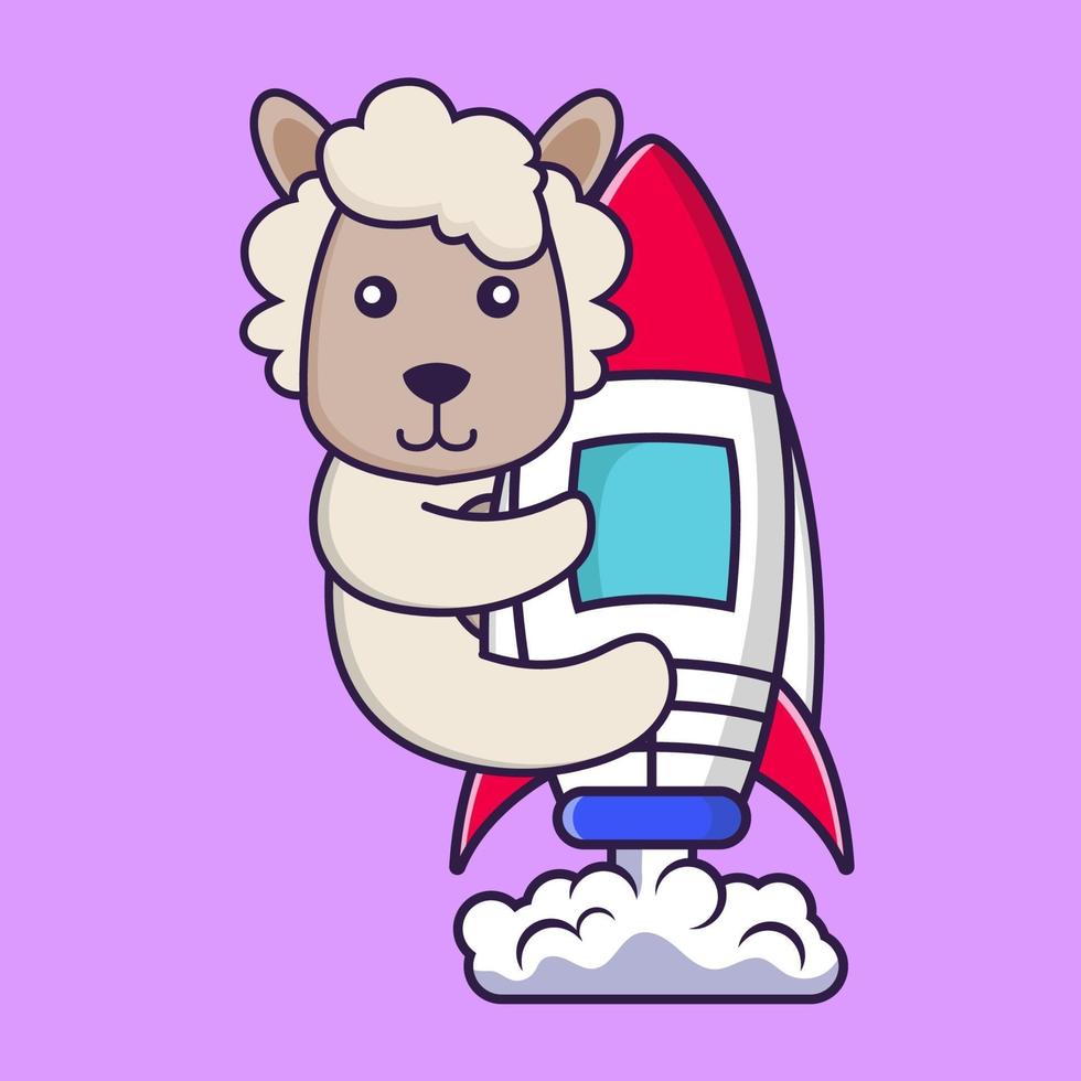 Cute sheep flying on rocket. vector