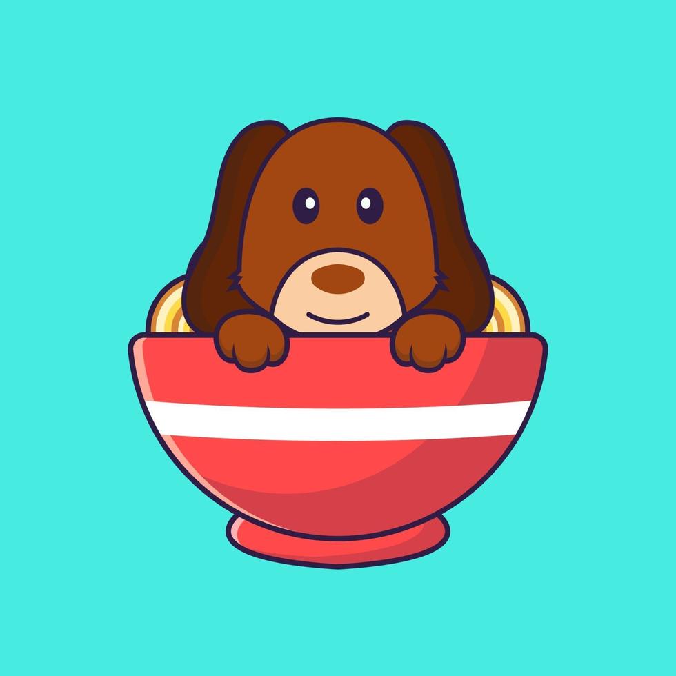 Cute dog eating ramen noodles. vector