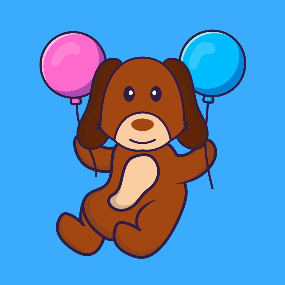 Cute dog flying with two balloons. vector