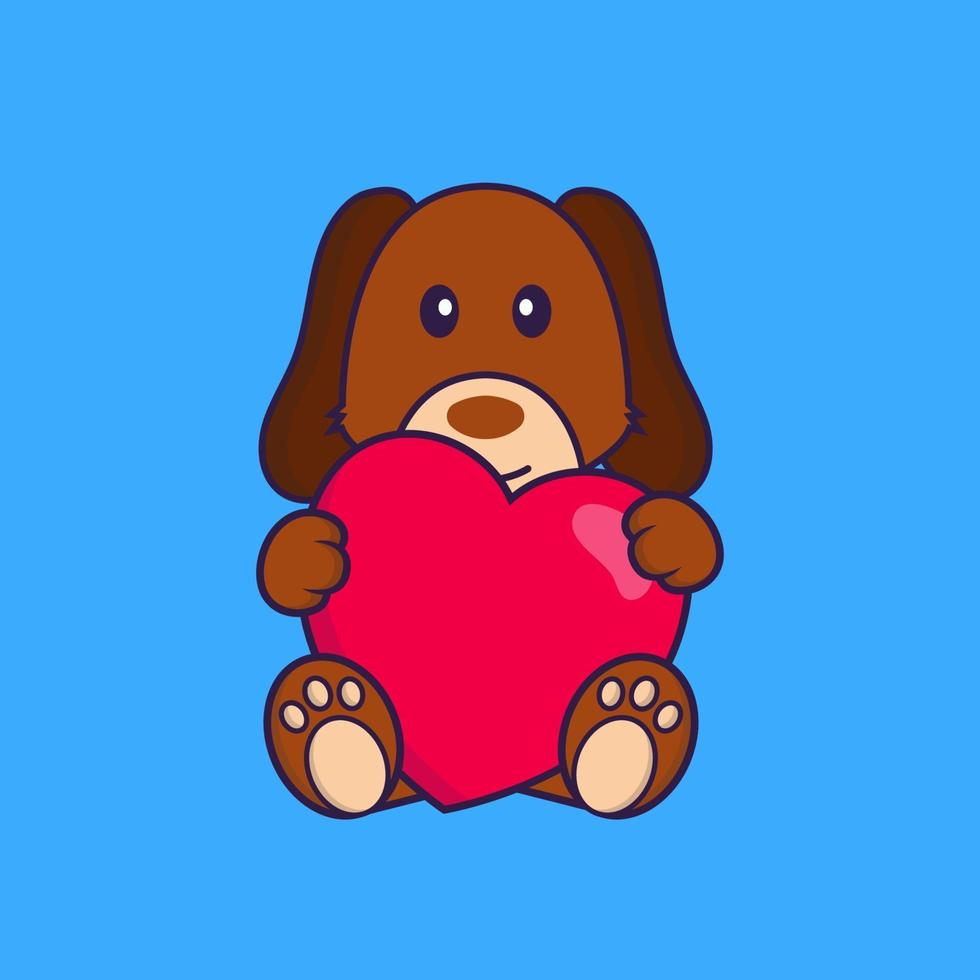 Cute dog holding a big red heart. vector