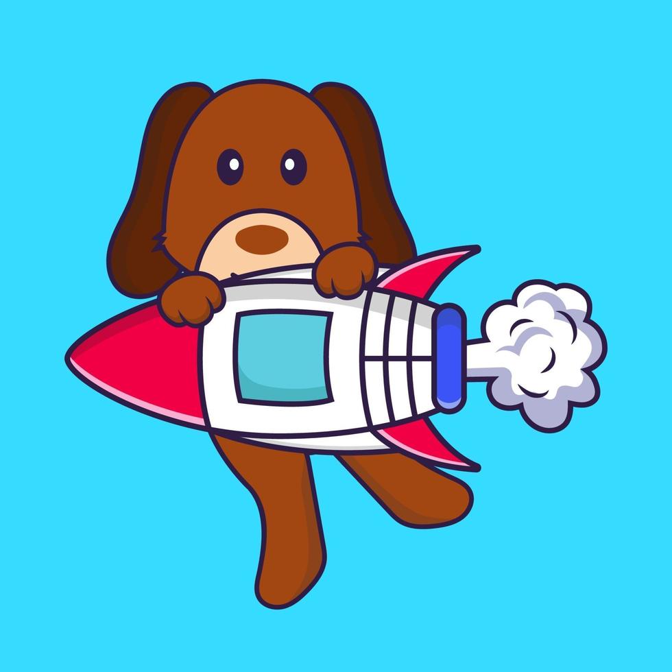 Cute dog flying on rocket. vector