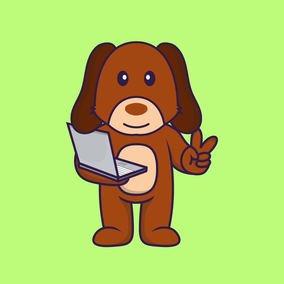 Cute dog holding laptop. vector