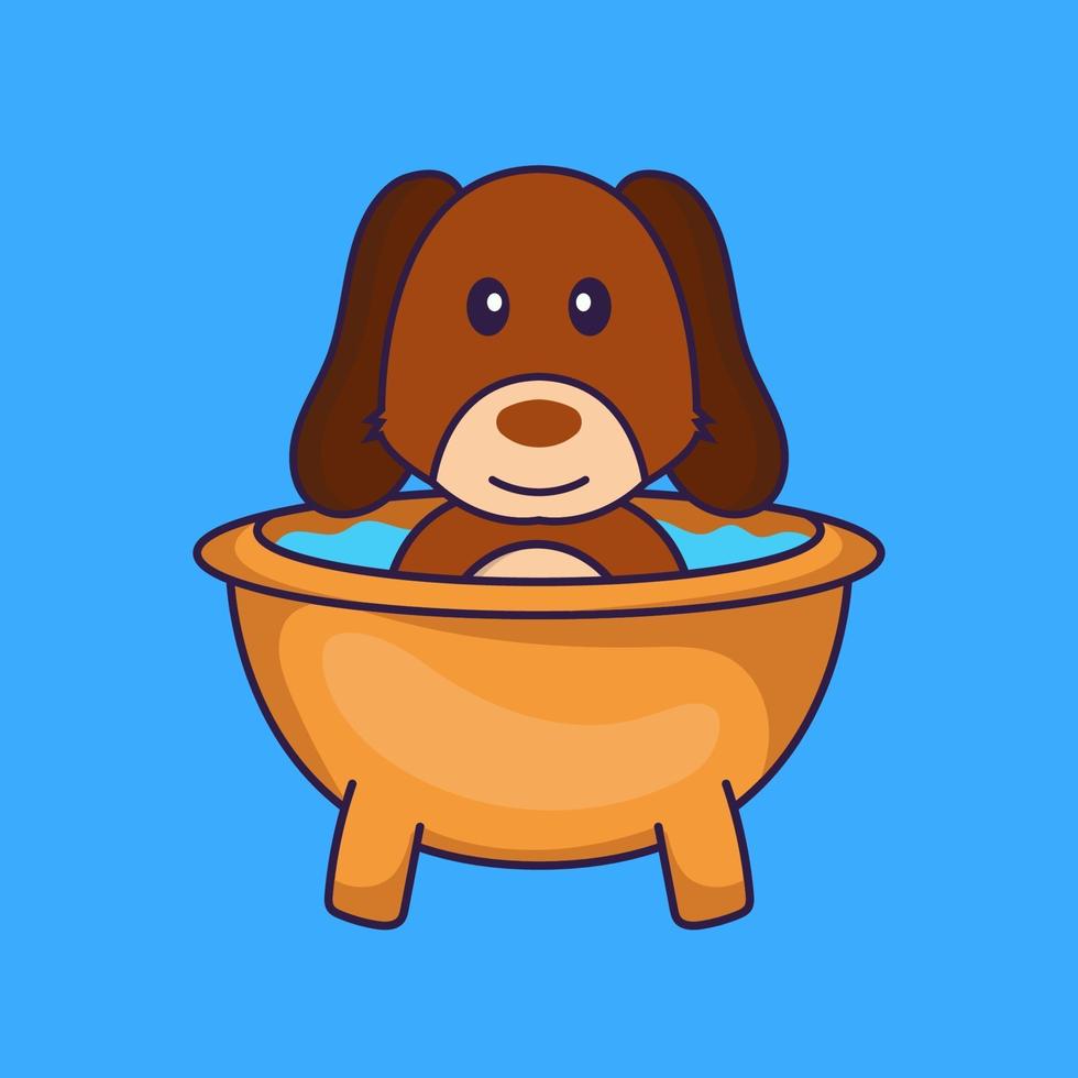 Cute dog taking a bath in the bathtub. vector