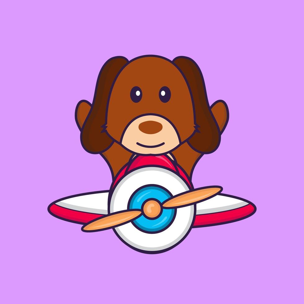 Cute dog flying on a plane. vector