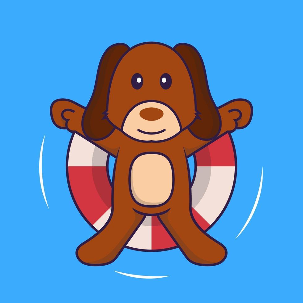 Cute dog is Swimming with a buoy. vector