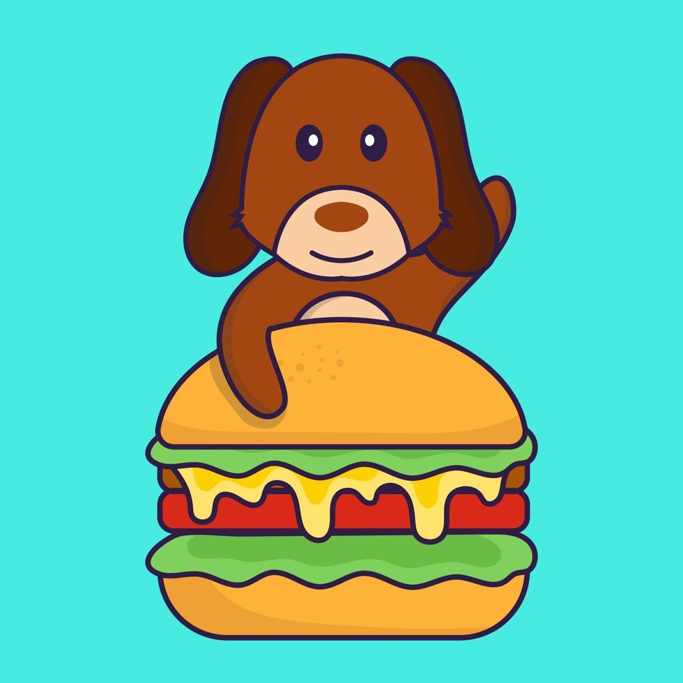 lindo perro comiendo hamburguesa. vector