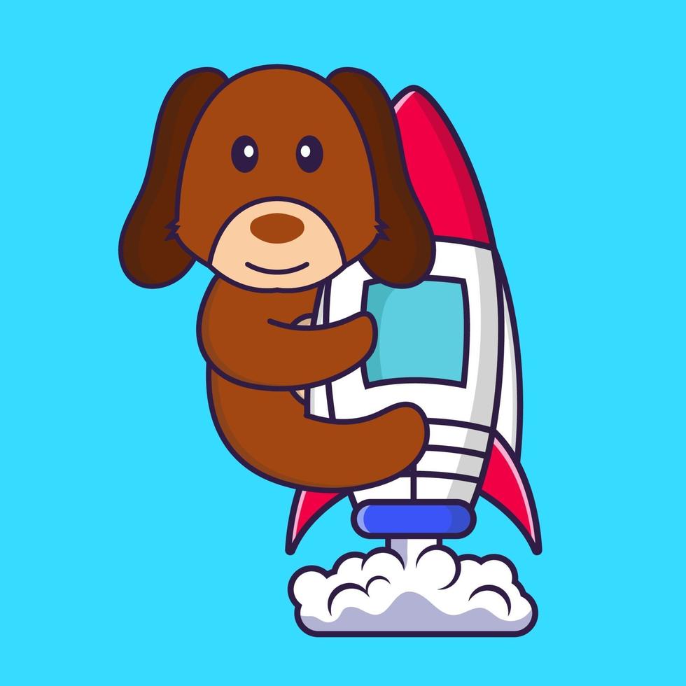 Cute dog flying on rocket. vector