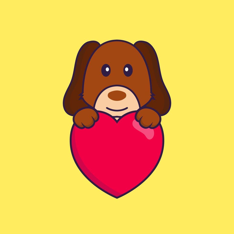 Cute dog holding a big red heart. vector