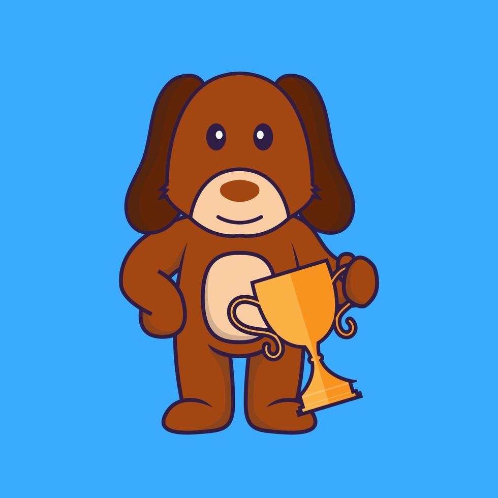 Cute dog holding gold trophy. vector