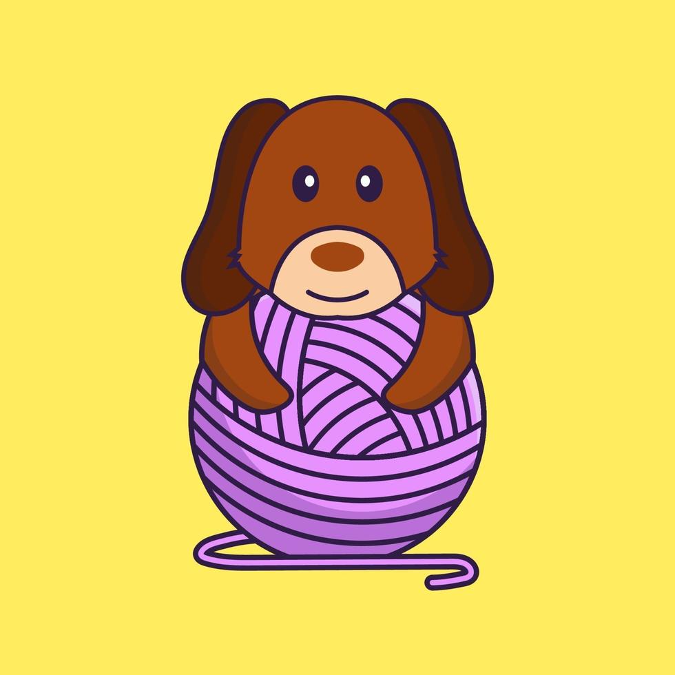 Cute dog playing with wool yarn. vector