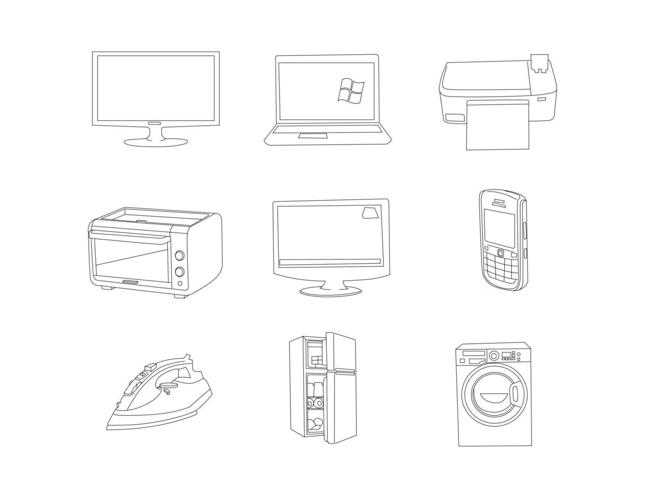 Electronics Household Appliances, Monitor, line drawing clip art set vector