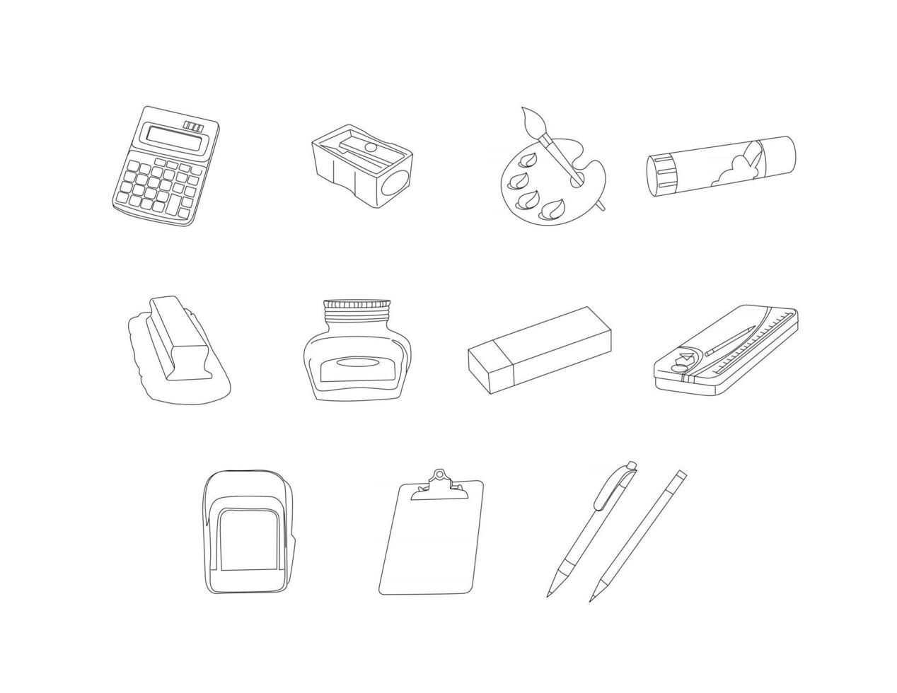 Stationery items, calculator clipboard line drawing clip art set vector