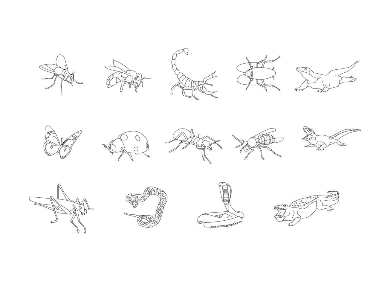 insectos, reptiles anfibios dibujo lineal conjunto de imágenes prediseñadas vector