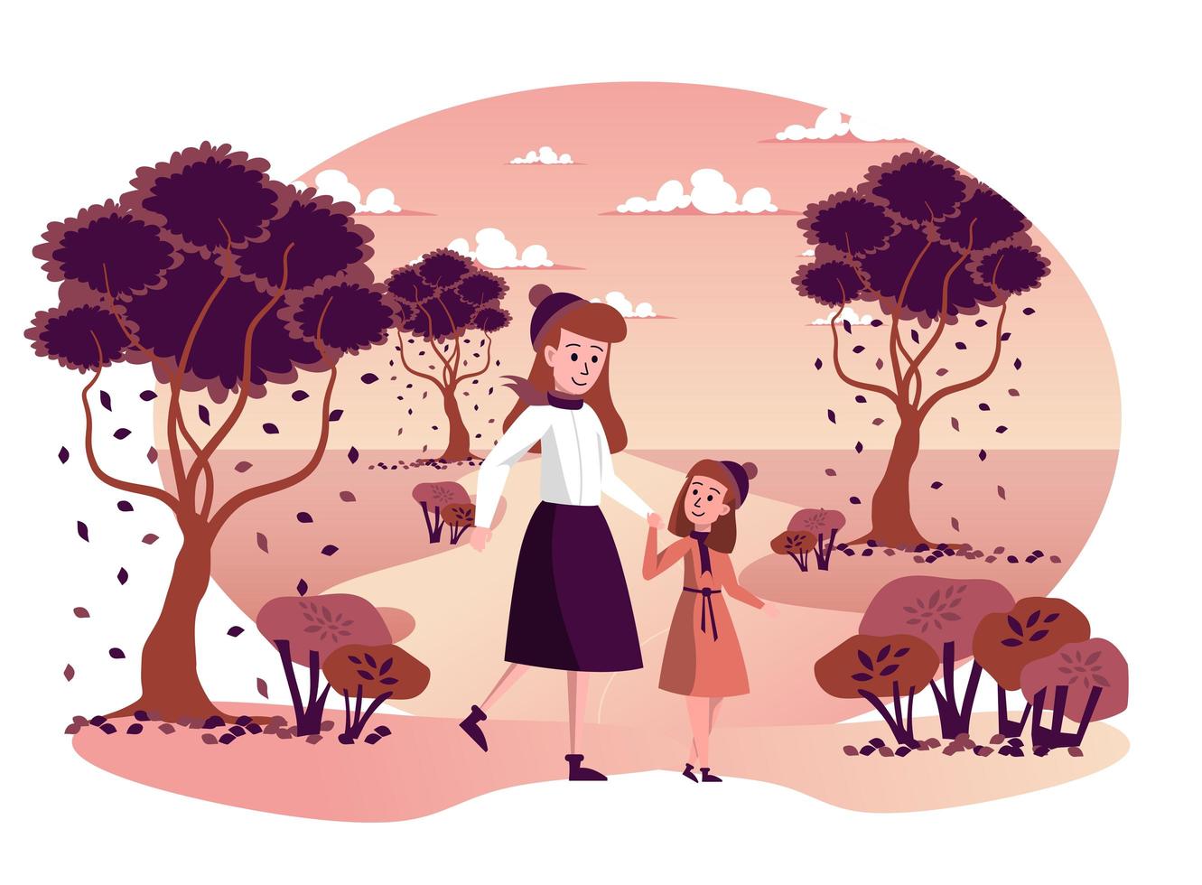 Mother and daughter walking together in autumn park isolated scene vector