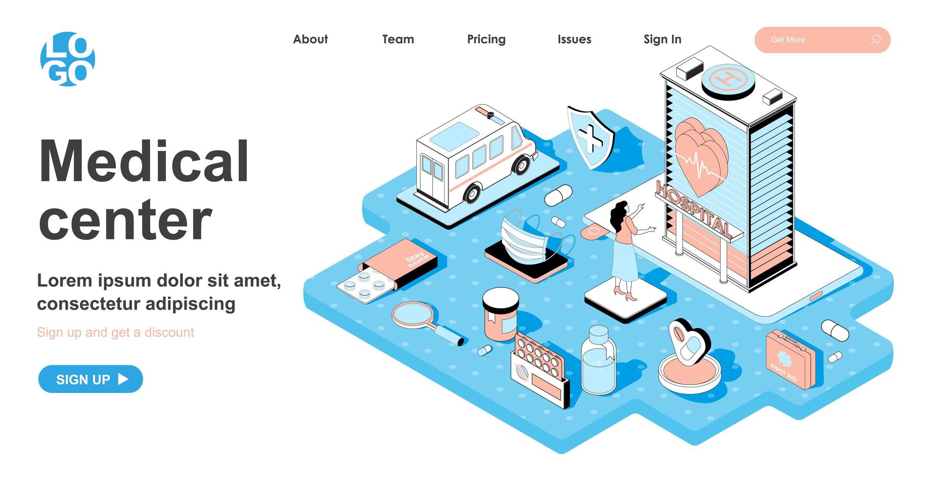 Medical center isometric concept for landing page vector