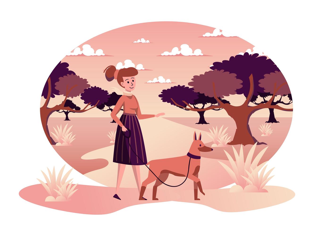 Woman walking dog in autumn park isolated scene vector