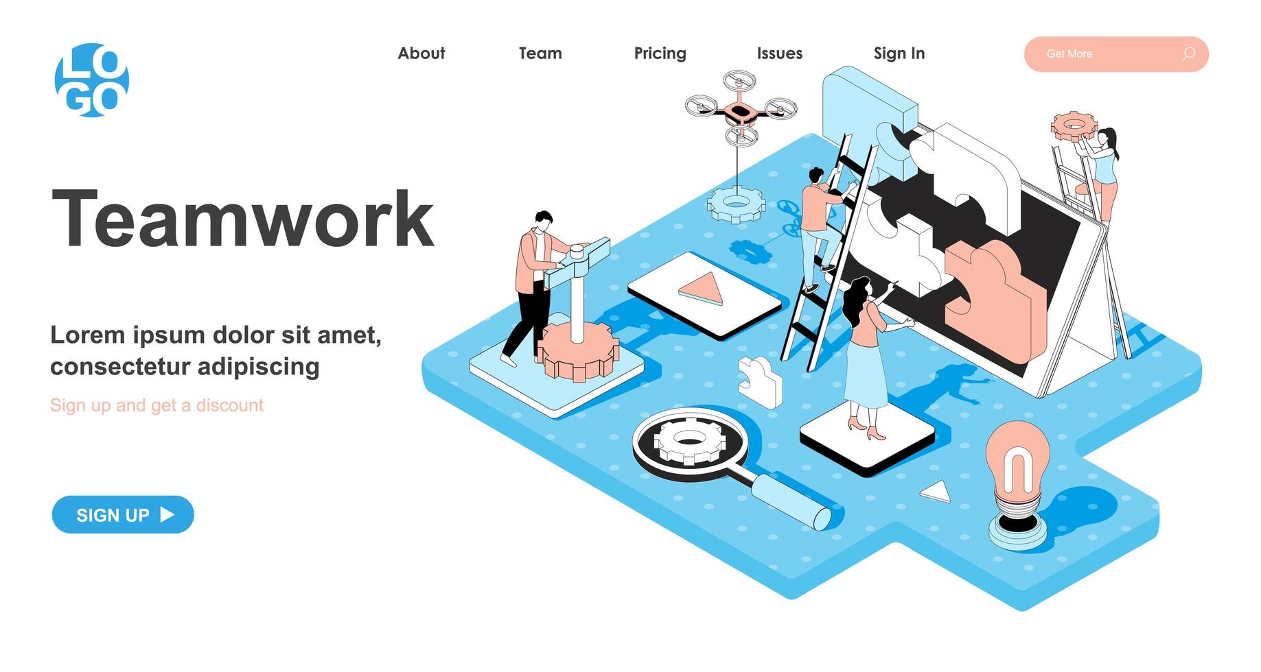 Teamwork isometric concept for landing page vector