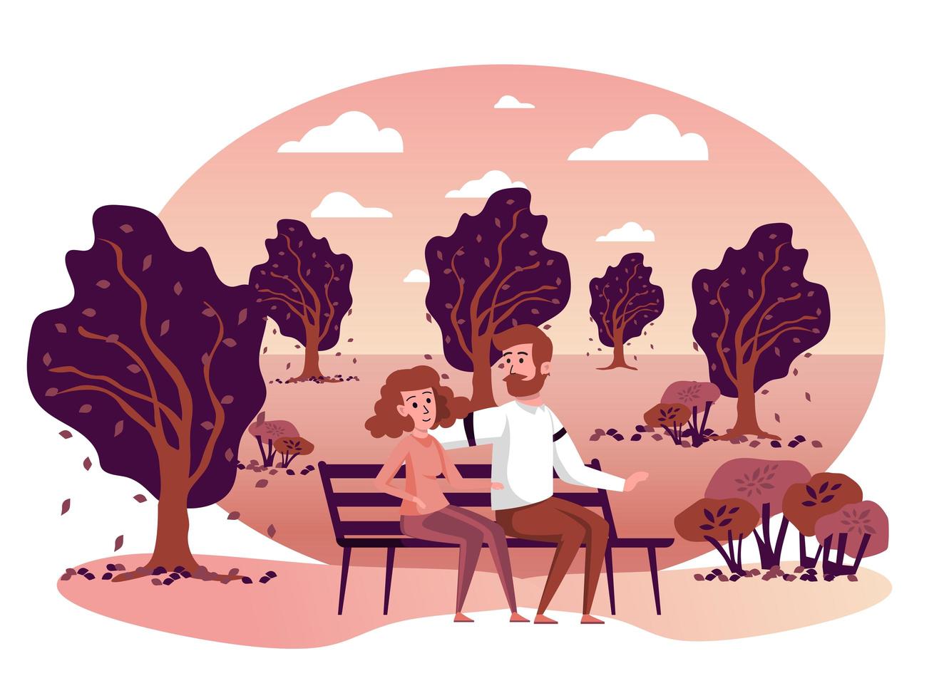 Couple sitting on bench in autumn park isolated scene vector