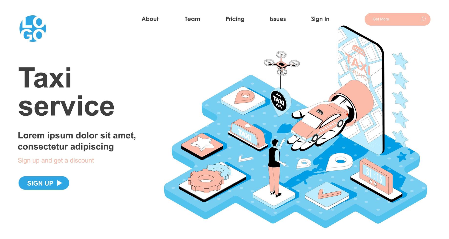 Taxi service isometric concept for landing page vector