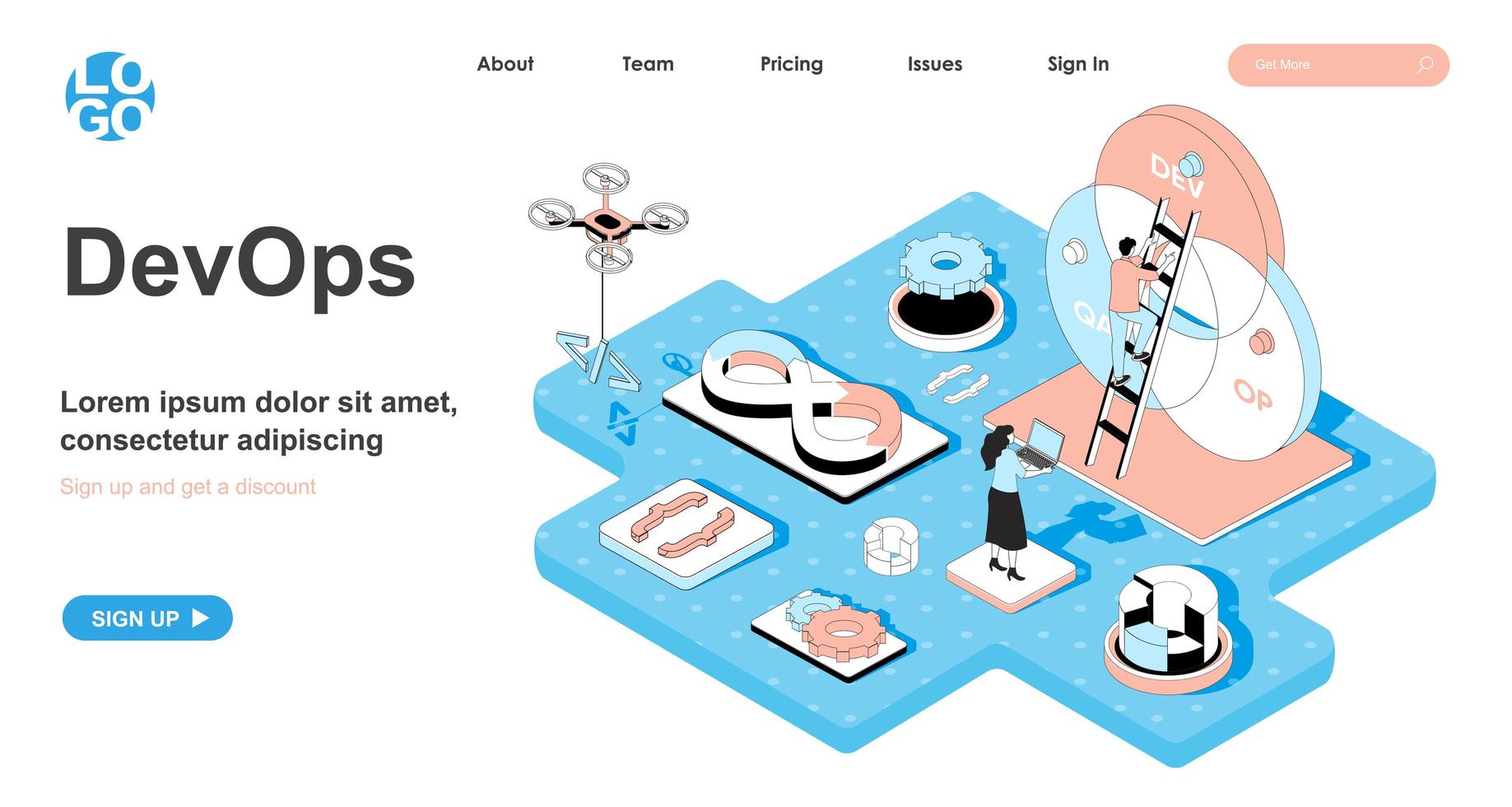 DevOps isometric concept for landing page vector