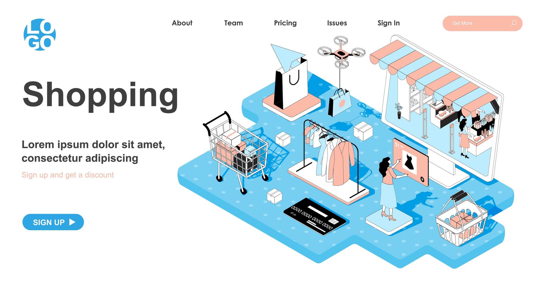 Shopping isometric concept for landing page vector