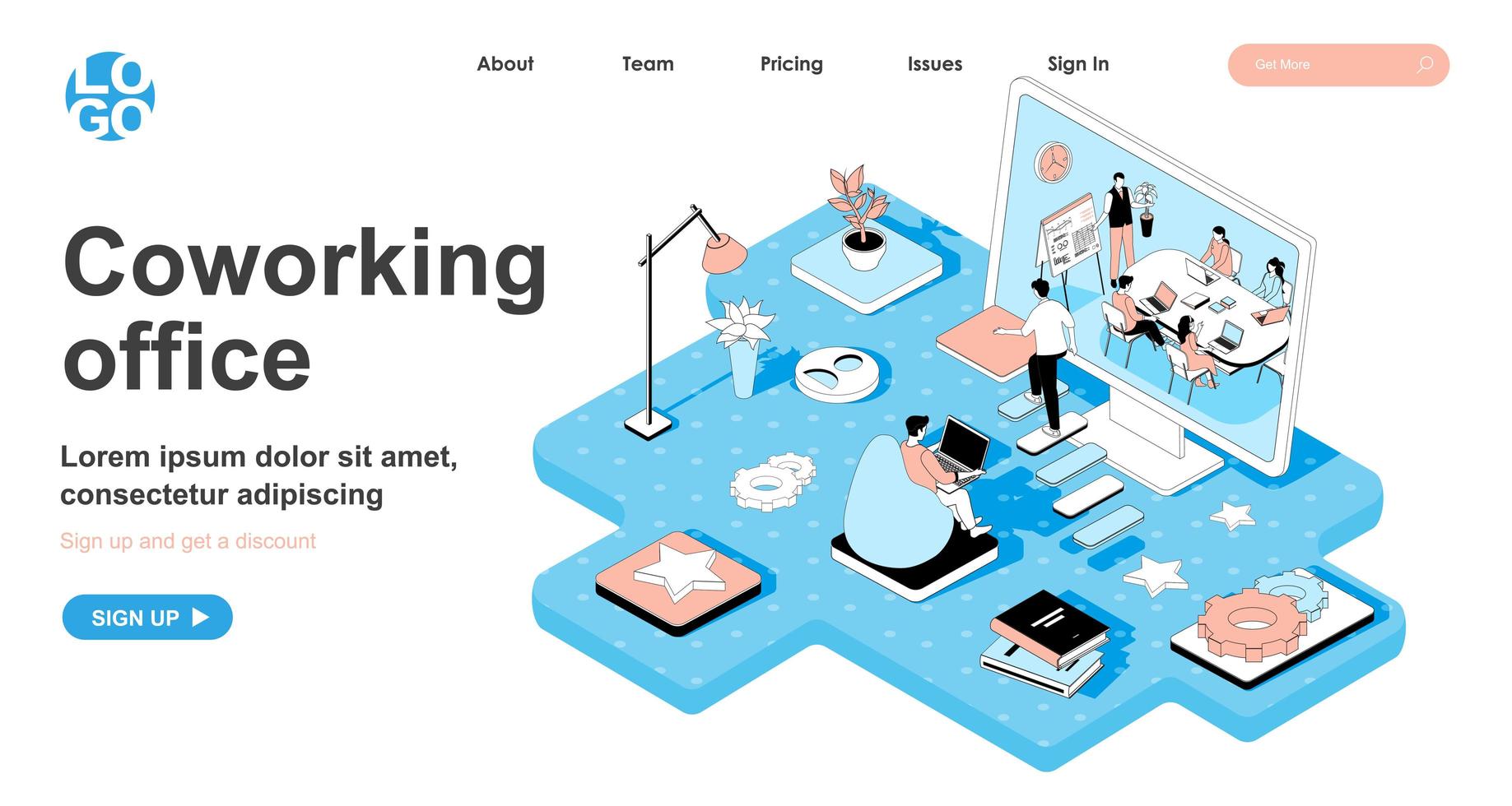 Coworking office isometric concept for landing page vector