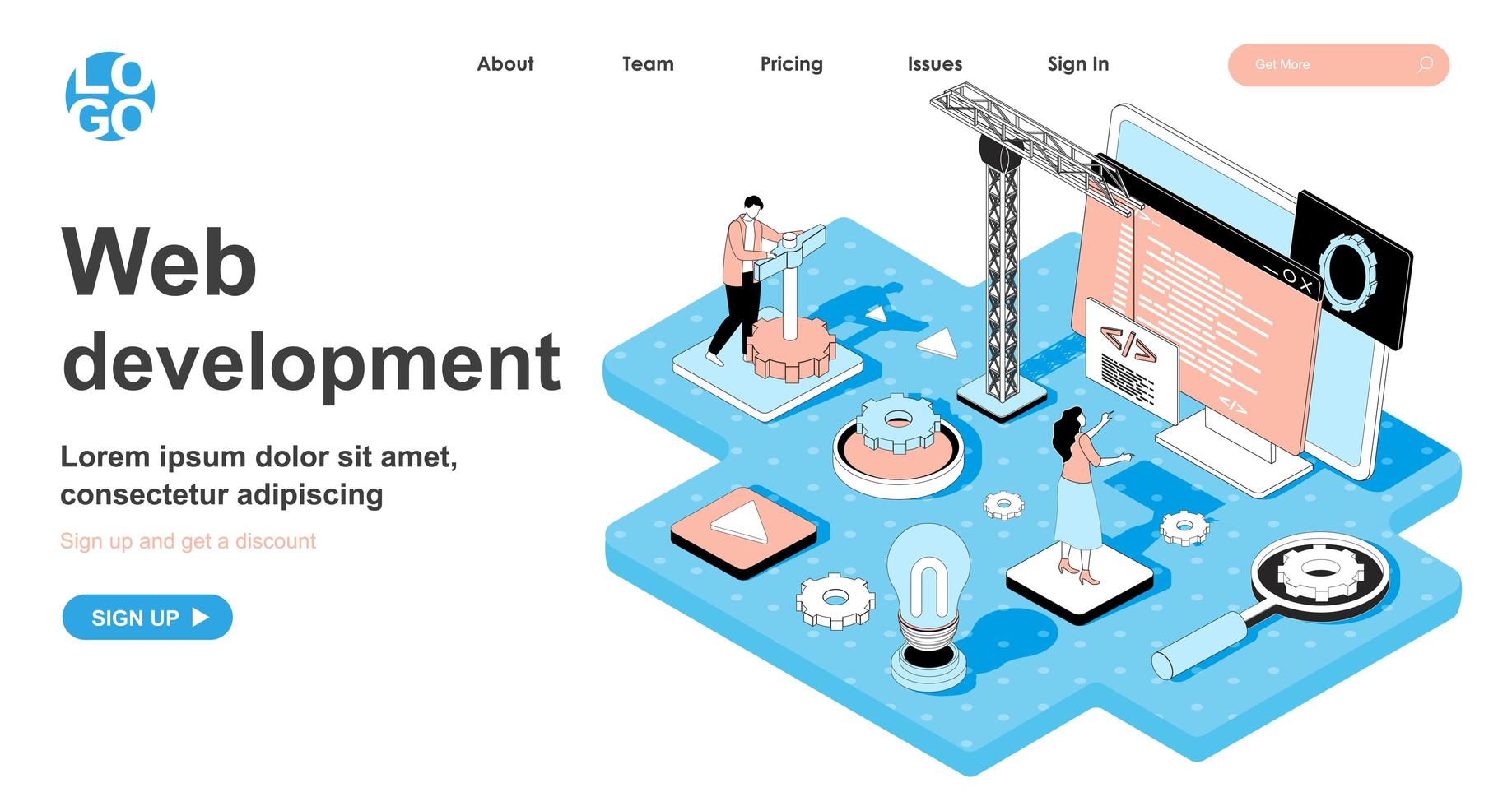 Web development isometric concept for landing page vector