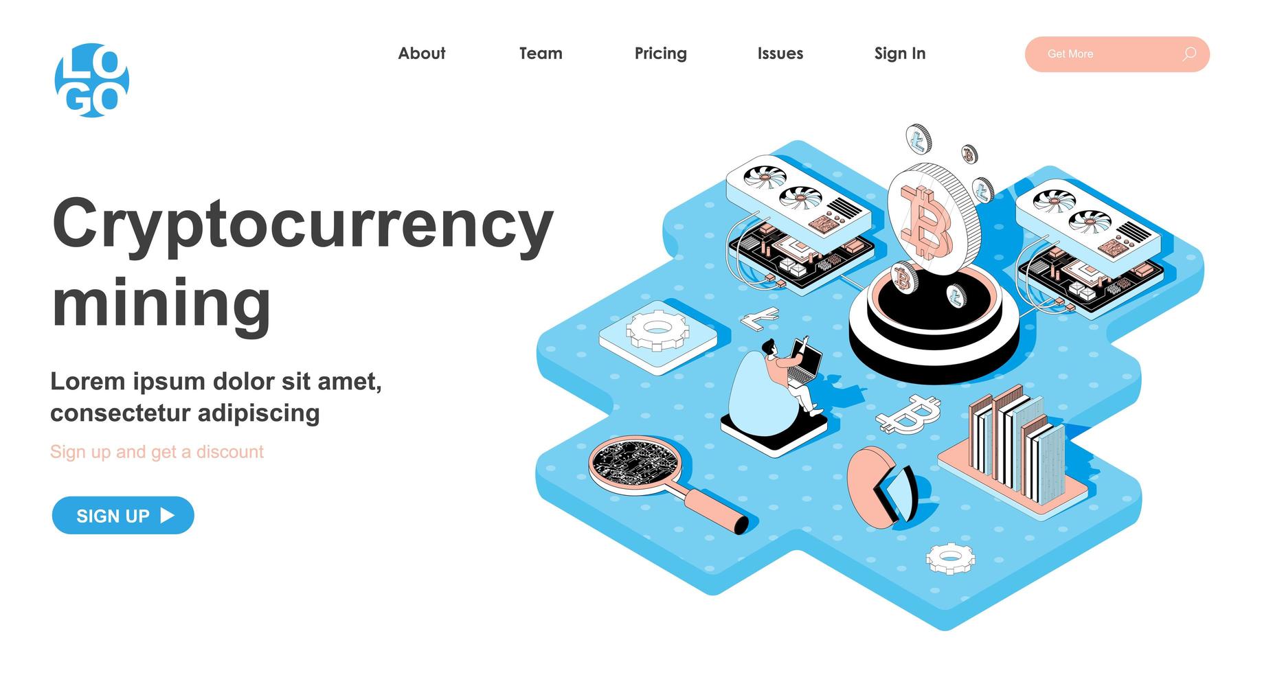 Cryptocurrency mining isometric concept for landing page vector