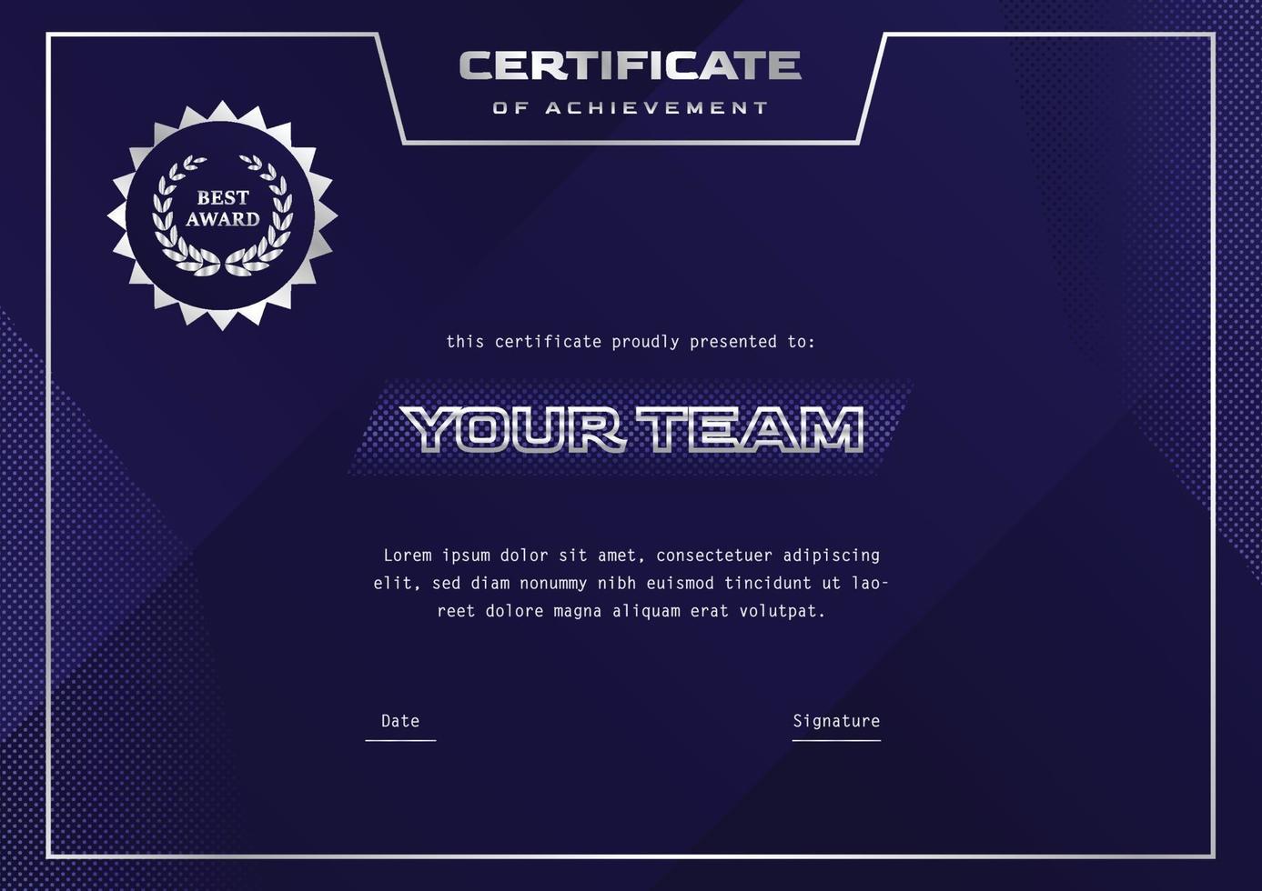 purple certificate design for gaming or sport tournament and