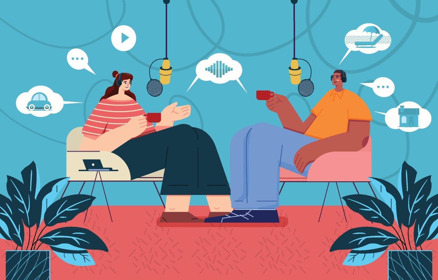 Man and Woman With Doing Podcast Conversation vector