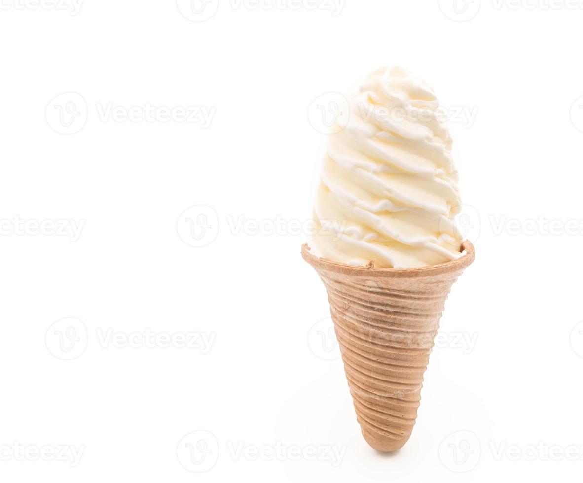 Vanilla ice cream cone on white background photo